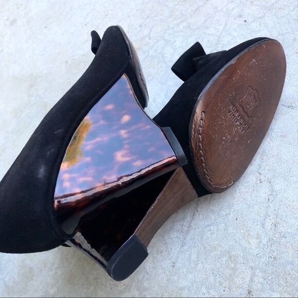 Stuart Weitzman Black suede Peeptoe wedges heels tortoise shell 9 Narrow - Picture 6 of 6